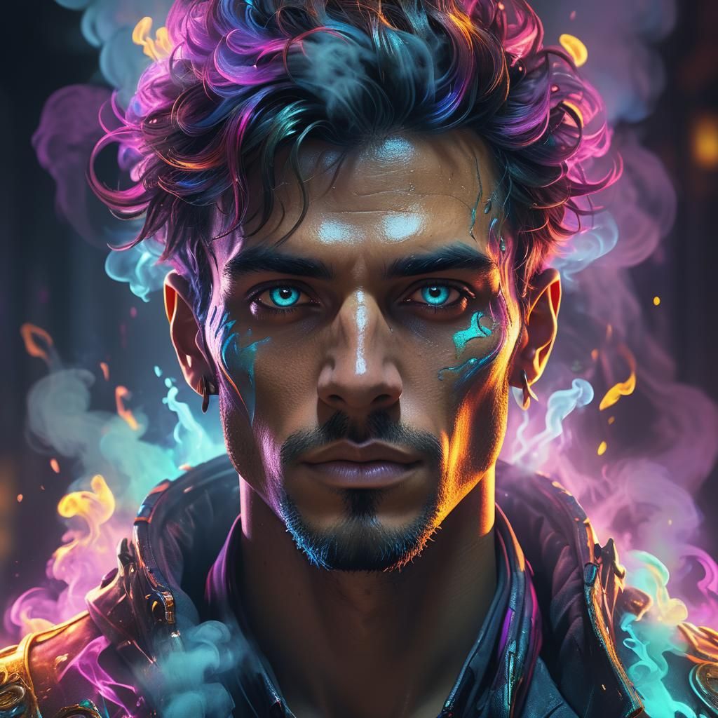 Neon Portrait of a Young Man in Synthwave Style
