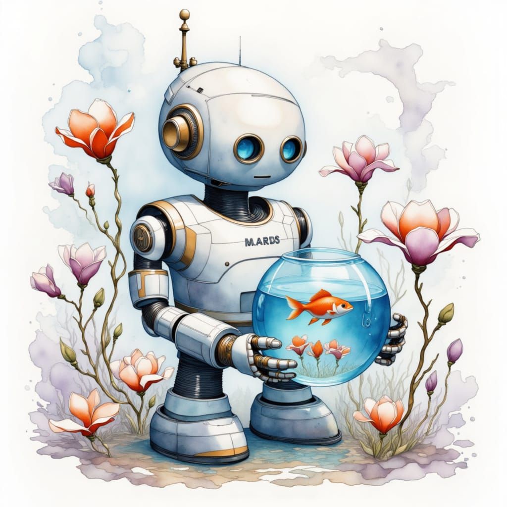 Cute Robot Holding a Fishbowl in Pale Watercolour Style