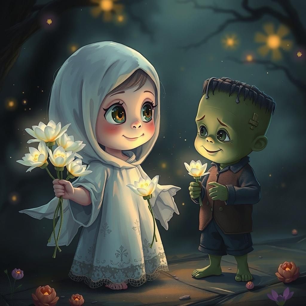 Ghost Girl Offers Flowers to Frankenstein: Dreamlike Scene