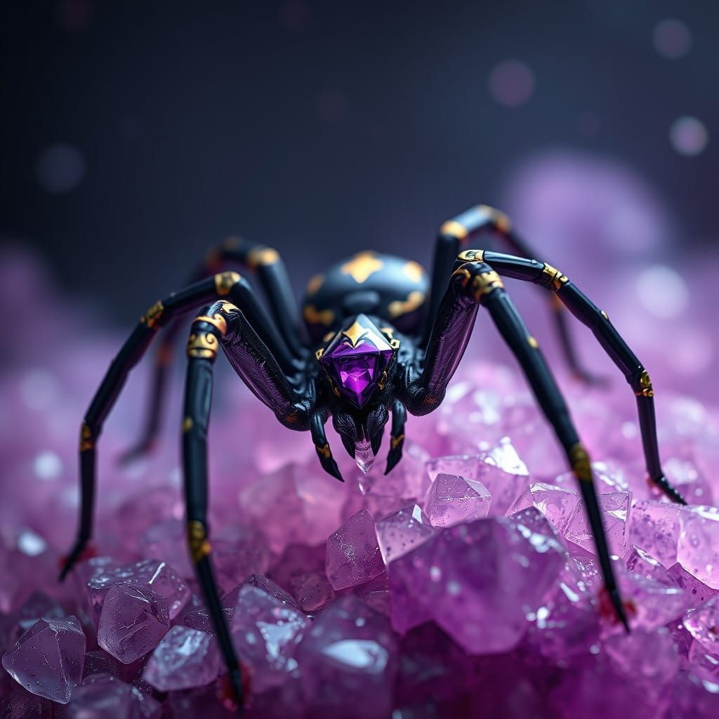 Surreal Amethyst and Gold Black Widow Spider in Fantastical...