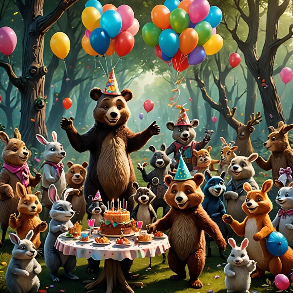 Forest Birthday Party with Animals in Matte Painting