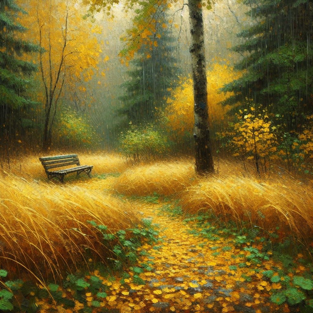 Impressionistic Autumn Morning in Rainy Forest