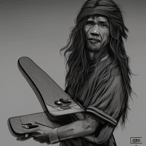 Linocut Skateboarder Portrait in Yunnan Woods