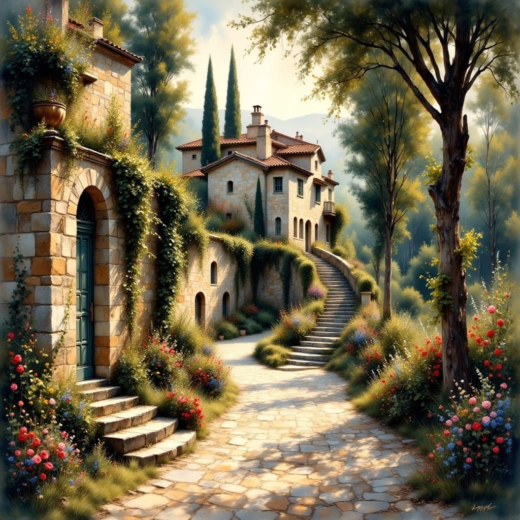 European Garden Path in Golden Hour Glow