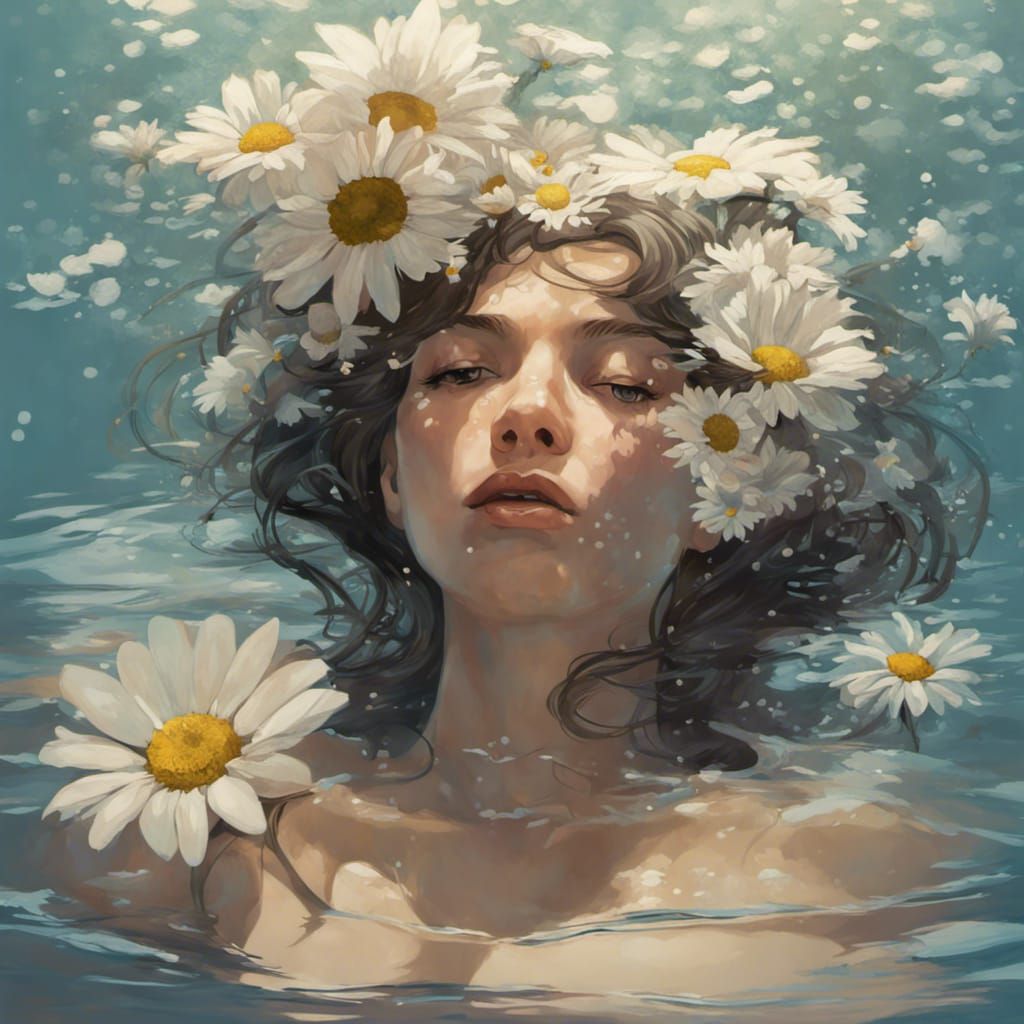 Girl in Daisy Bath: Hyperdetailed Art Nouveau Portrait