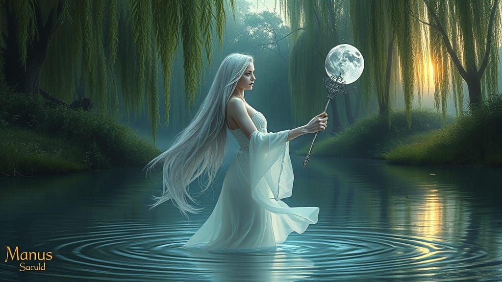 Ethereal Moonchild in Shallow Waters, Surrounded by Lush Gre...
