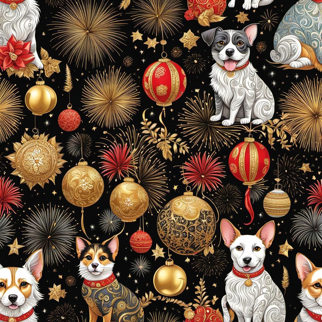 Festive Cats and Dogs Celebrate New Year