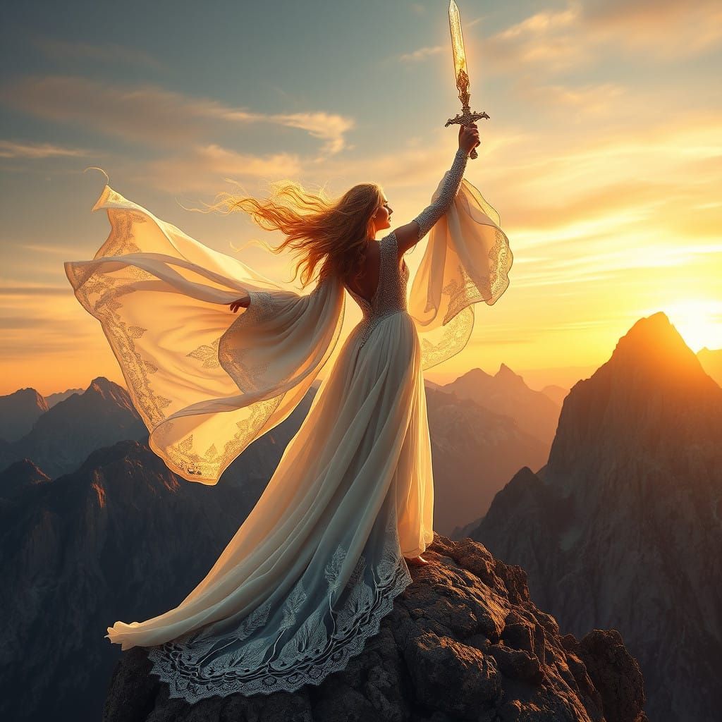 Regal Woman Triumphs on Majestic Mountain Peak in Sunset Glo...