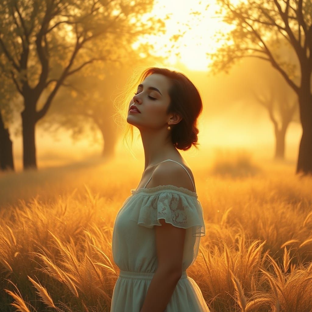Woman in Golden Landscape with Floating Orbs