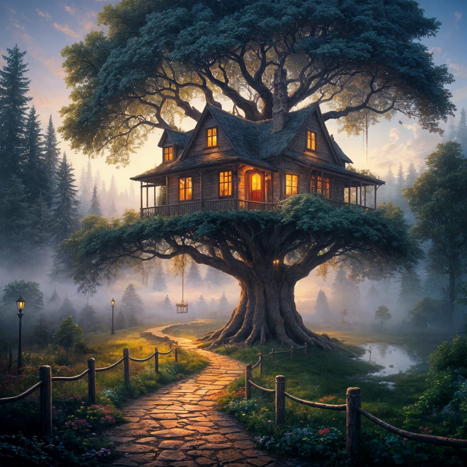 Ethereal Treehouse Path in Thomas Kinkade Style