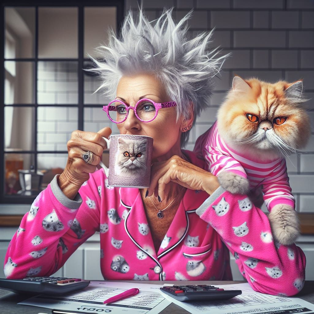 Stressed older woman, breakfast, with cat.