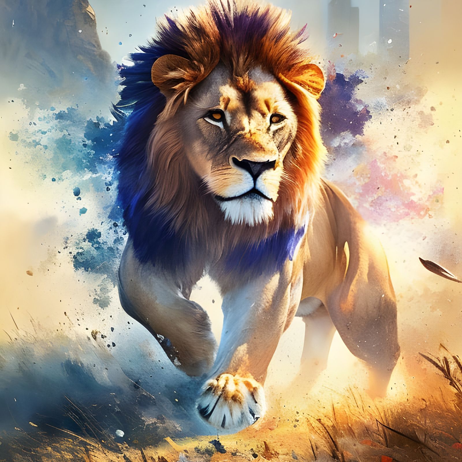 Majestic Lion Pouncing Amidst Explosions in Watercolor Style