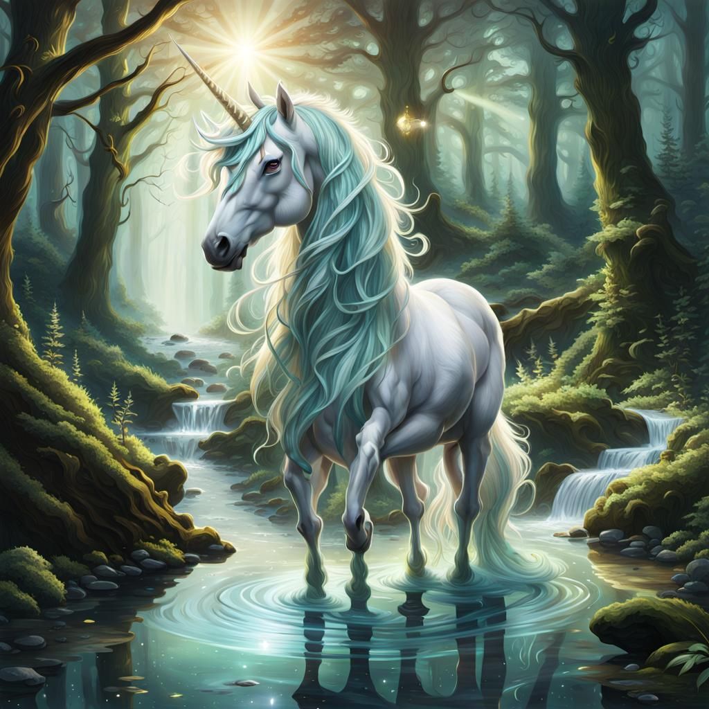 A majestic unicorn with a flowing mane, bathed in an etherea...