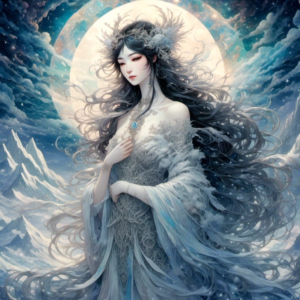 A Yuki-onna a beautiful Japanese snow spirit on a mountain p...