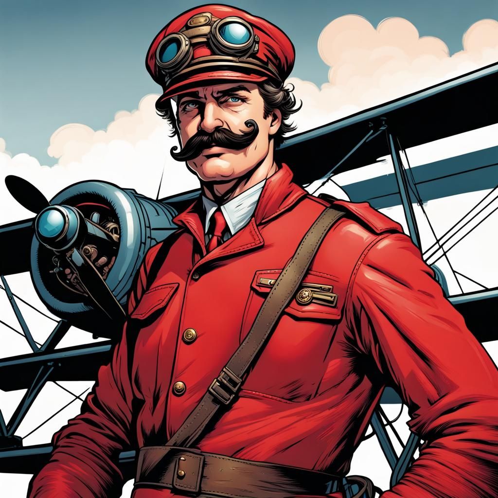 Red Biplane Pilot in Comic Book Style