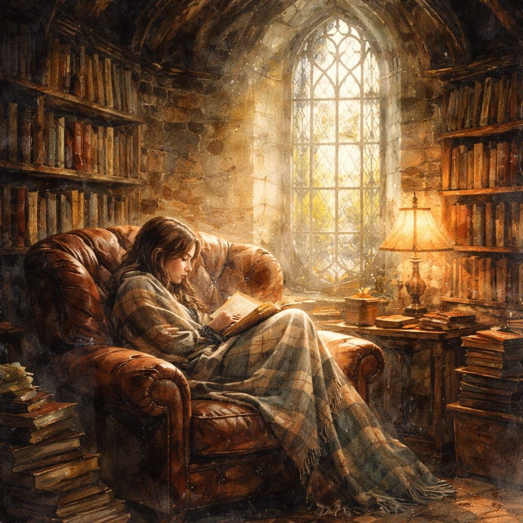 Cozy Library in Stone Tower with Reading Woman