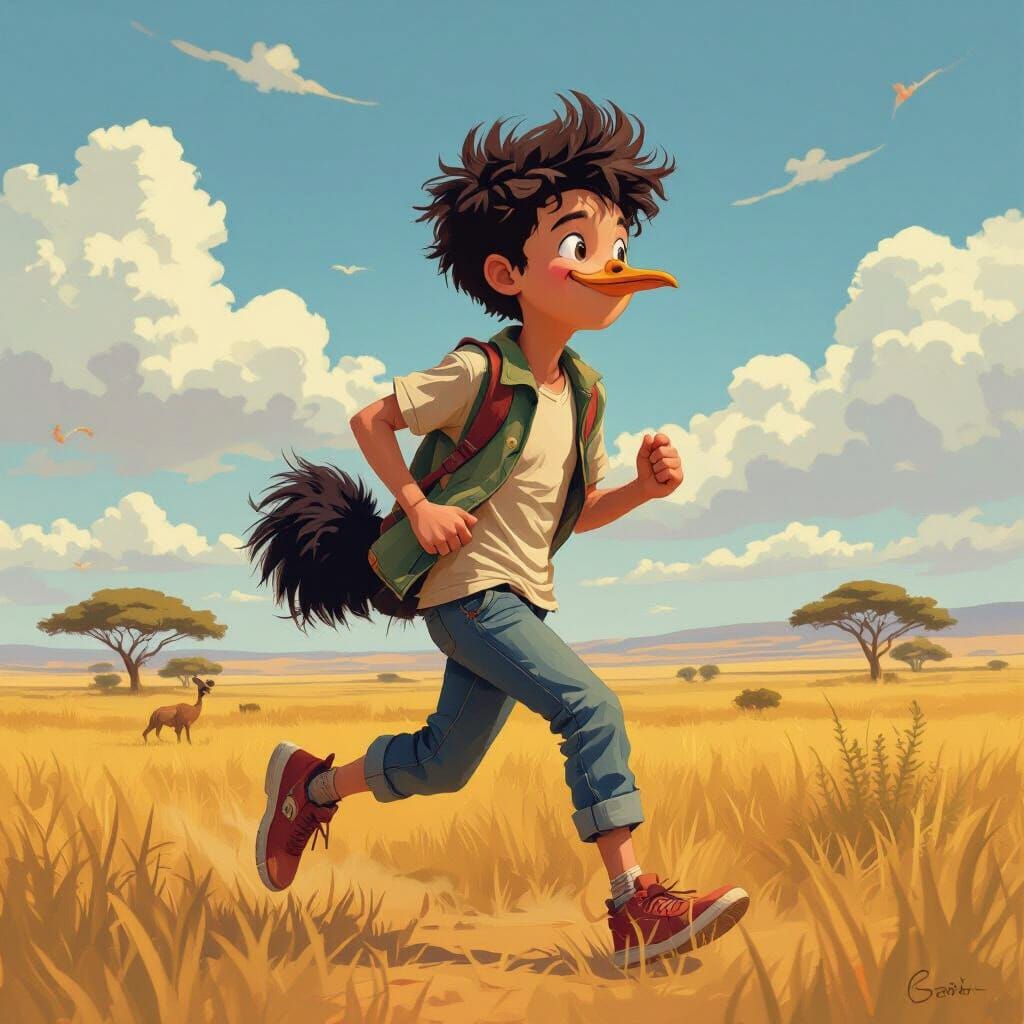 Boy with Ostrich Features Running Through Savannah