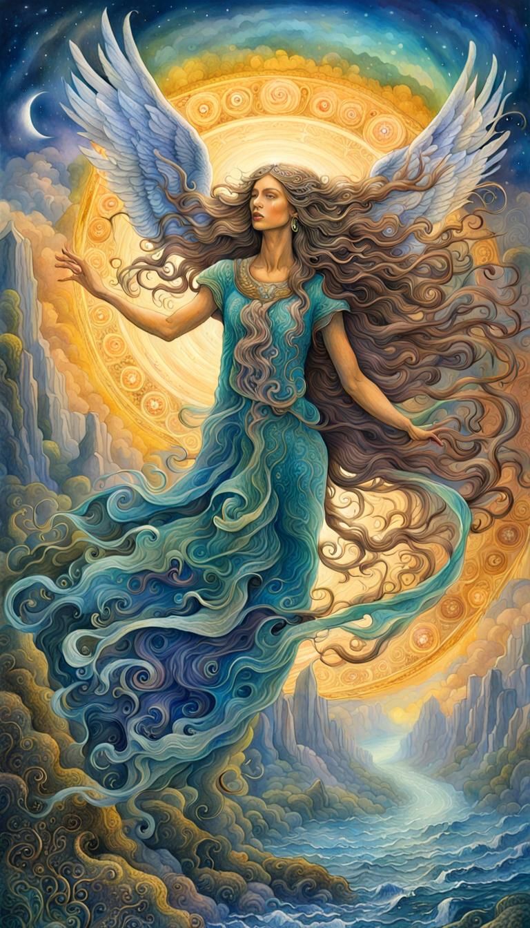 Winged Goddess in Motion: A Surreal Watercolor Artwork