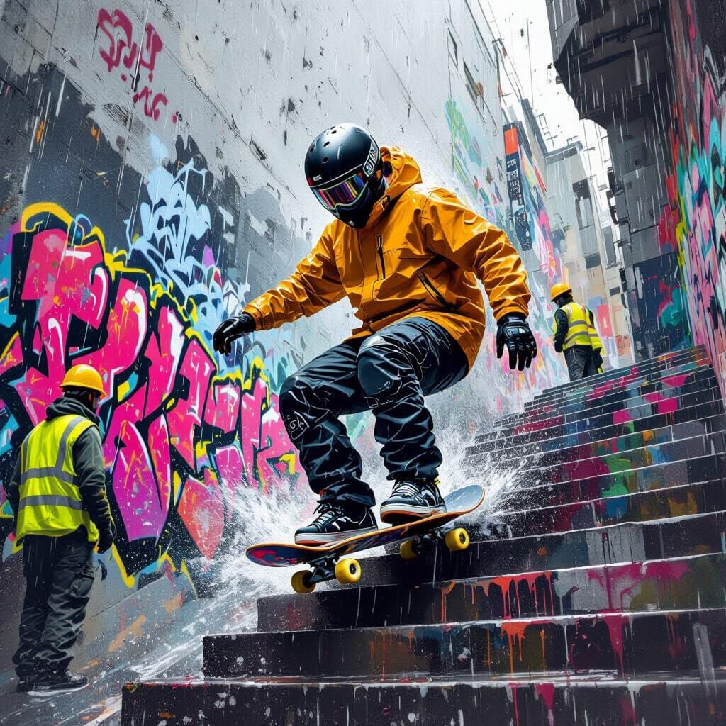 Skateboarder's Rainy Descent: Graffiti Art in Ash Thorp Styl...