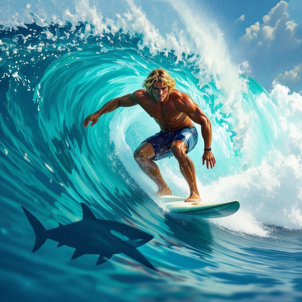 Surfer Rides a Turquoise Wave with Shark Shadow