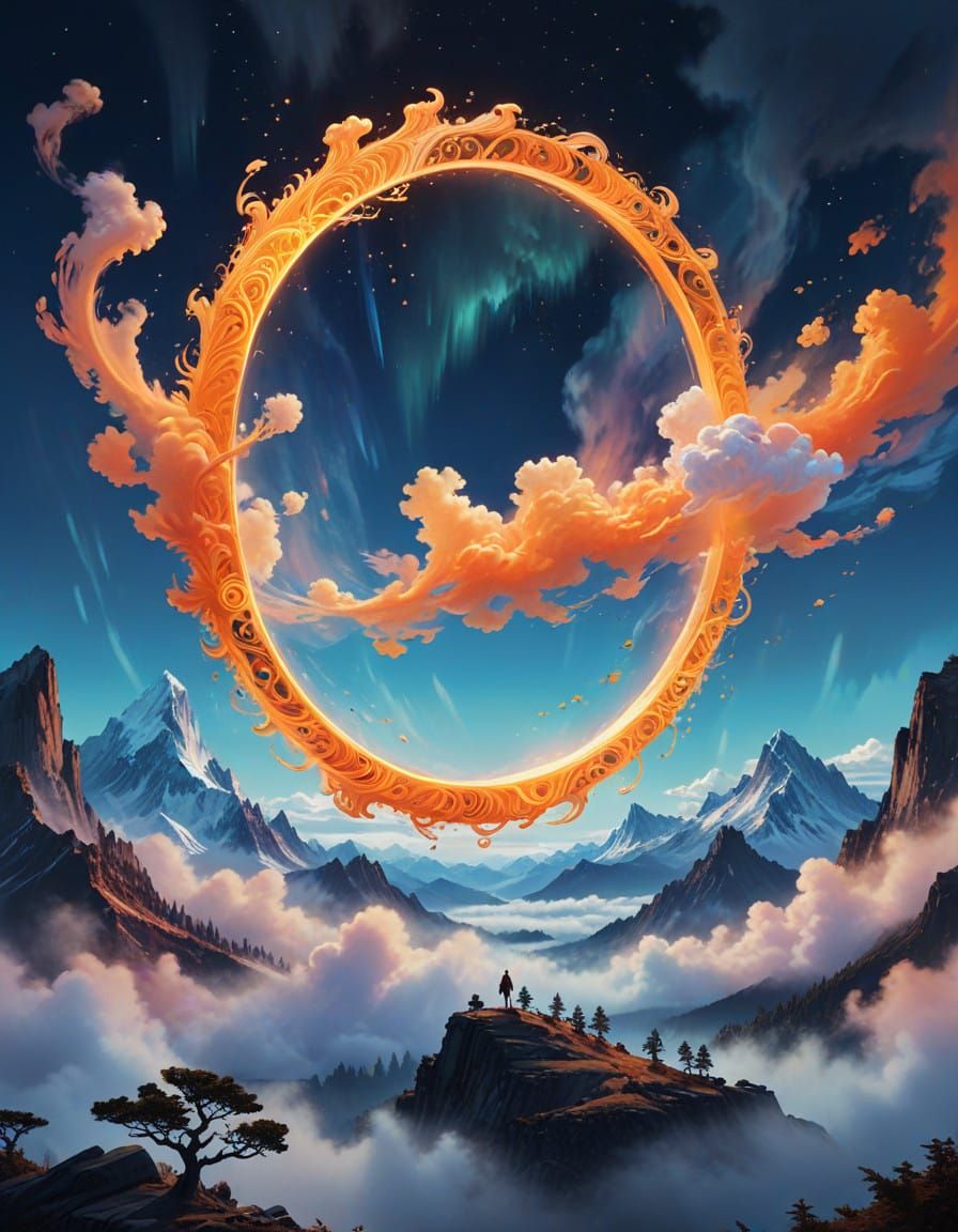 Vibrant Orange Ring in Dreamlike Worldscape with Whimsical P...
