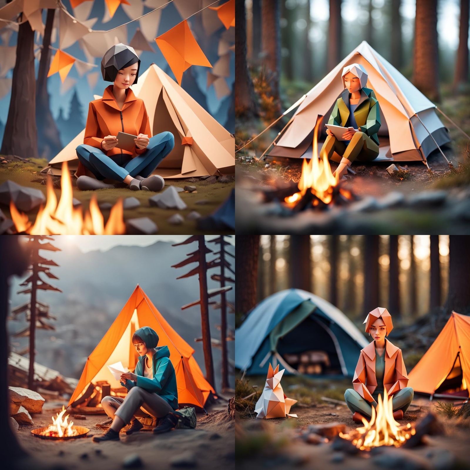 Woman Camping in Backcountry as Origami Papercraft