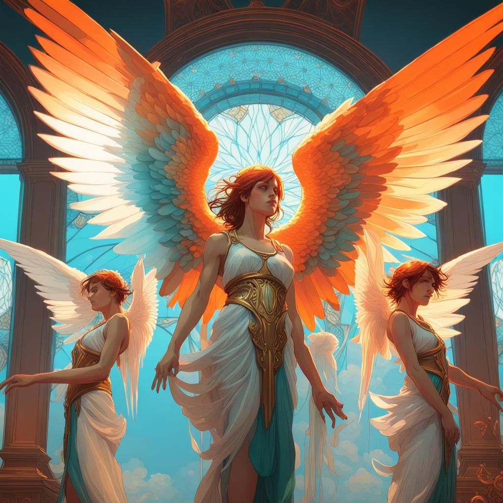 Angelic Guardians Watching Youth in Hyperdetailed Digital Ar...