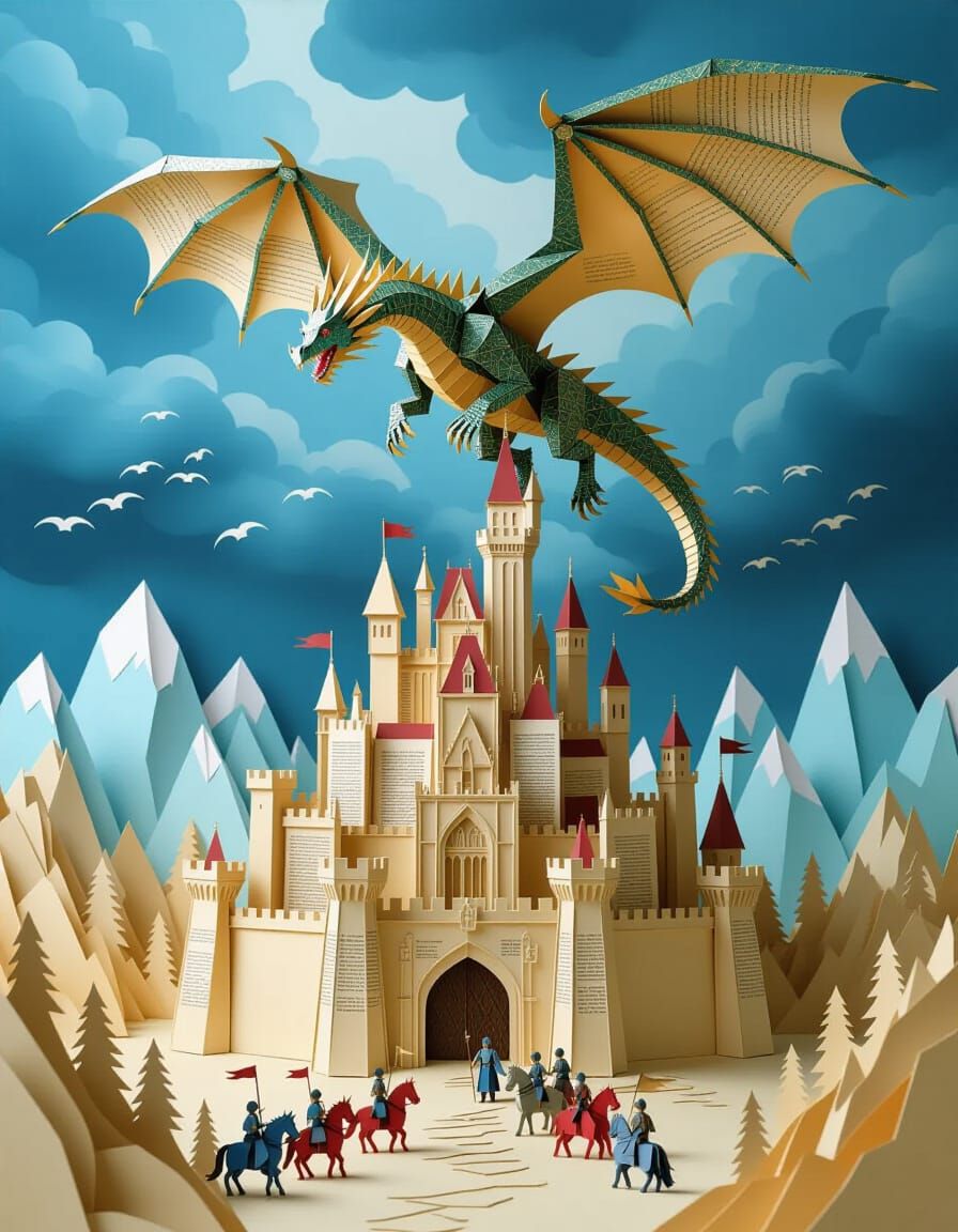 Epic Paper Kingdom with Dragon in Arthur Rackham Style