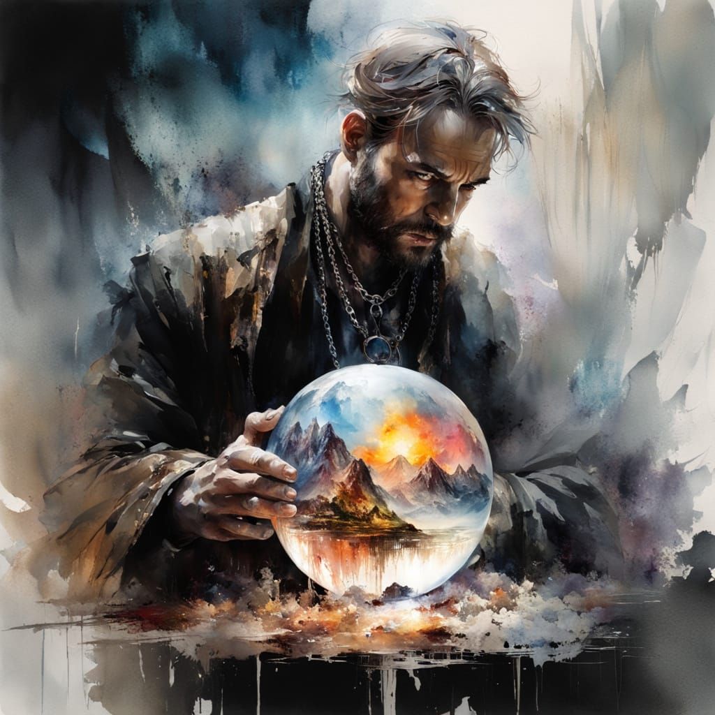 Dark Fantasy Crystal Ball Scene in Watercolor