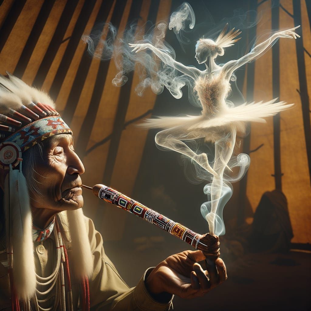 Cheyenne Chief Contemplates Ethereal Smoke Dancer in Tepee