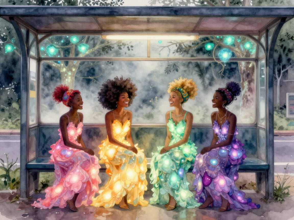 African Fairies in Afro Punk Bus Station Watercolor Painting
