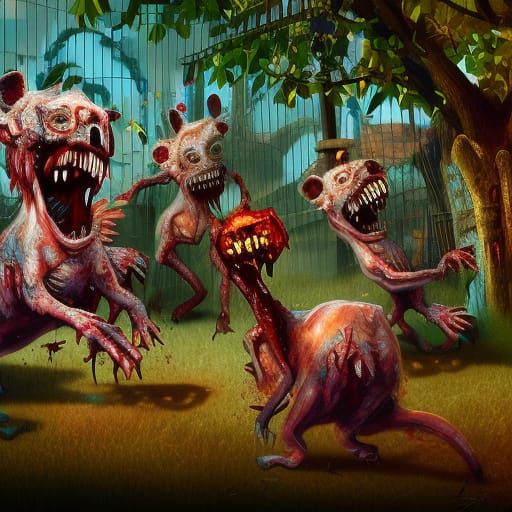 Zombie Zoo Animals Dancing: Detailed Matte Painting