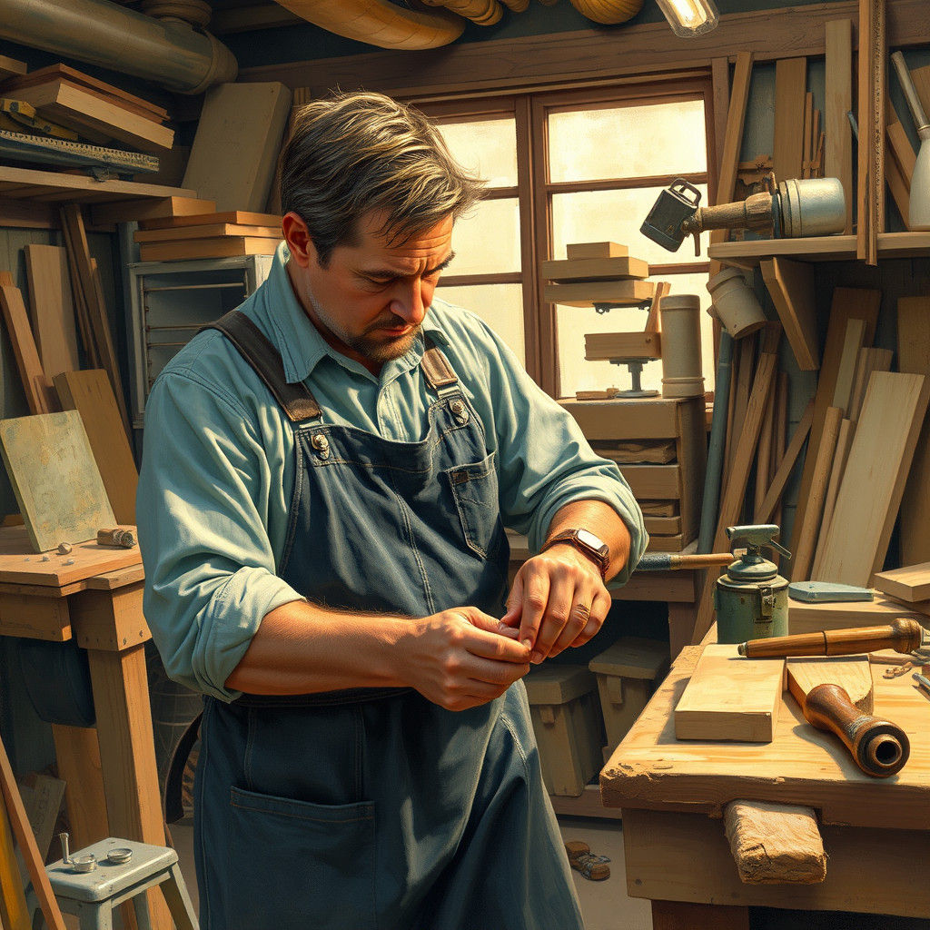 Woodworker Crafting Joints in Rockwell-Mead Style