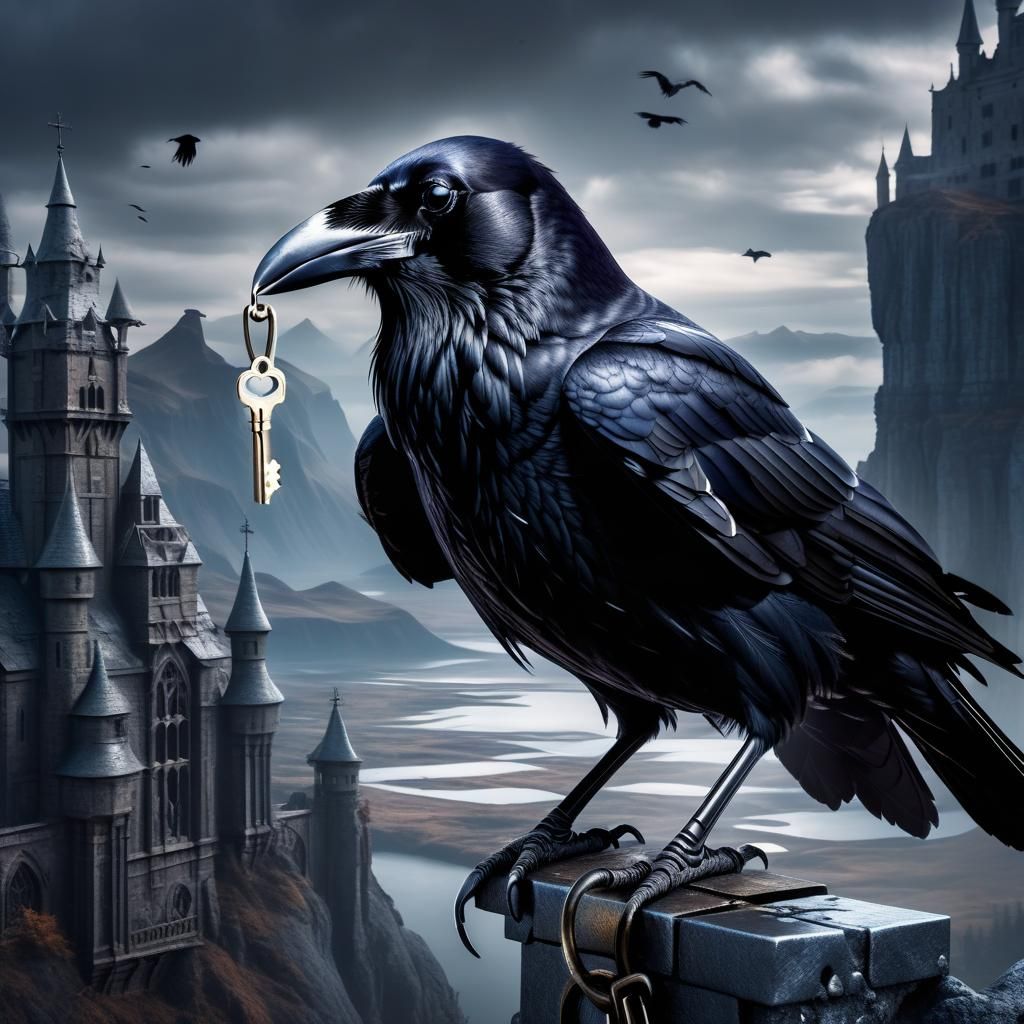 Raven with Silver Key in Gothic Landscape
