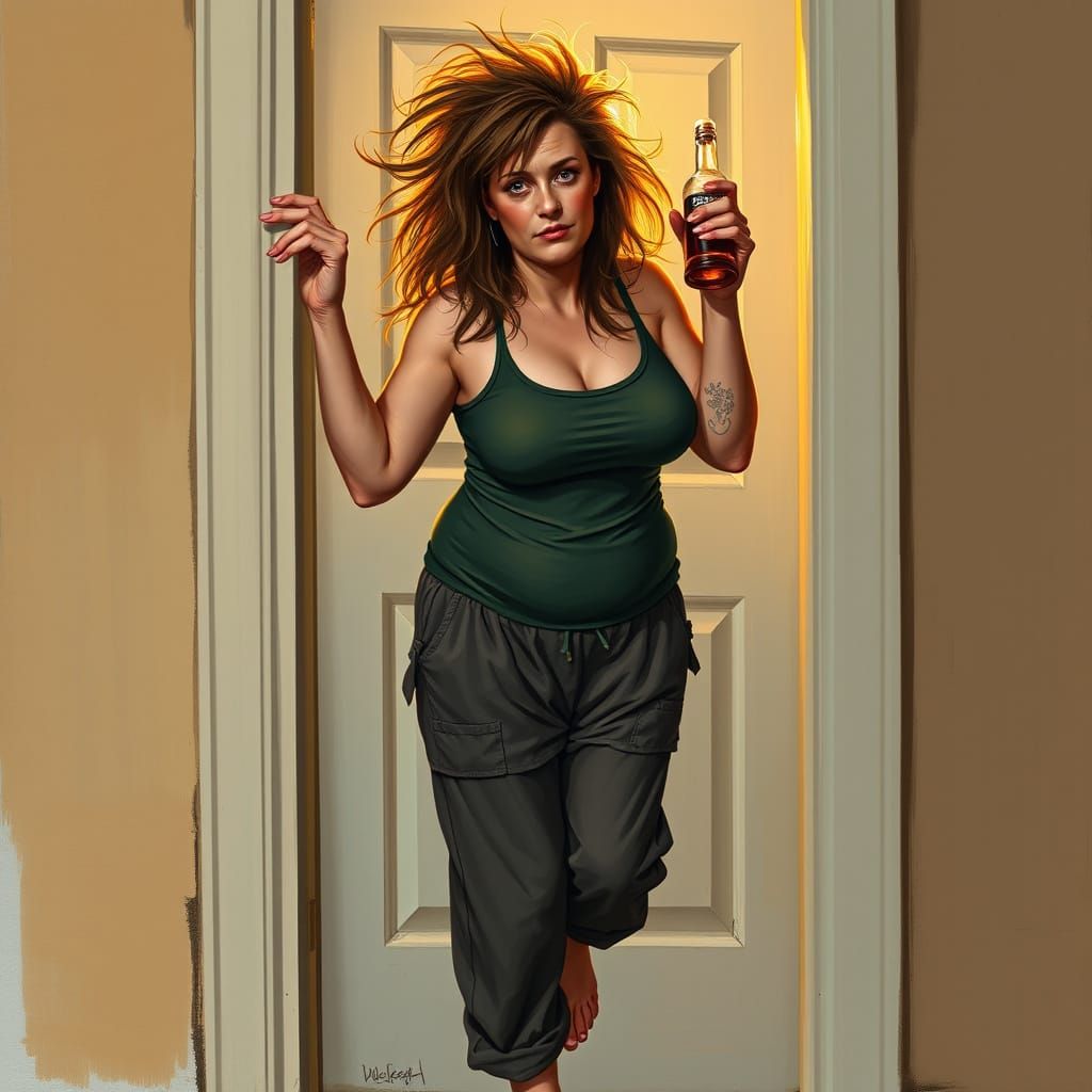 Drunk Woman Stumbles in Doorway, Whiskey in Hand