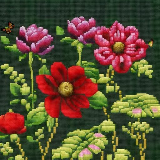 Detailed Pixel Art Cross-Stitch Flowers and Butterflies