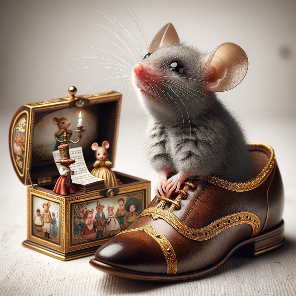 Mouse in Polished Leather Shoes with Music Box and Candlelig...