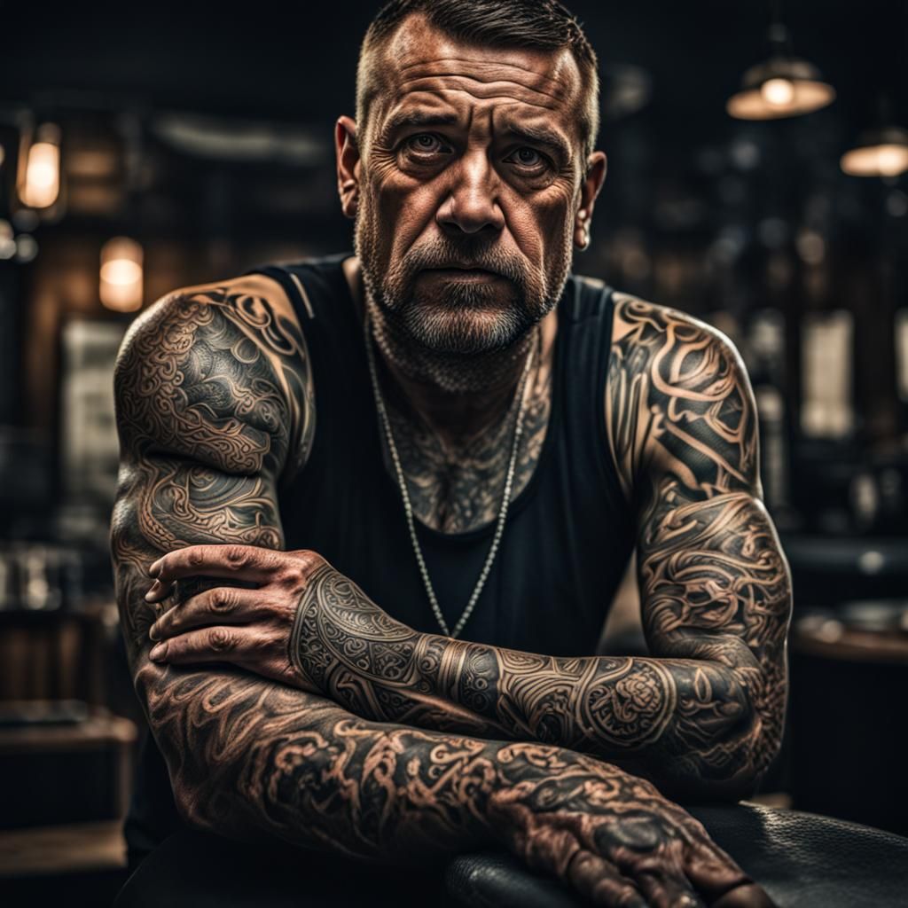 Hyperrealistic Man with Intricate Tattoo