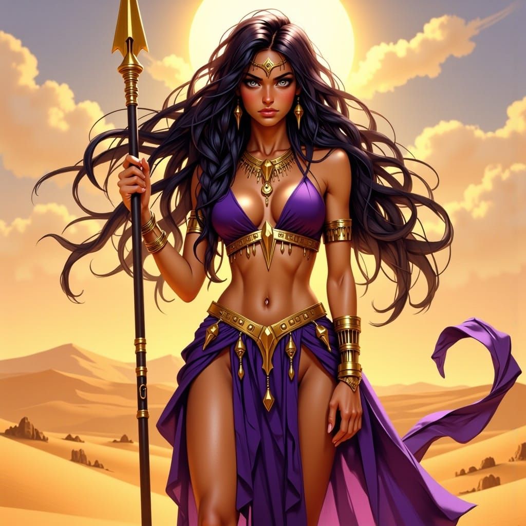 Golden Desert Heroine with Spear in Loish Style