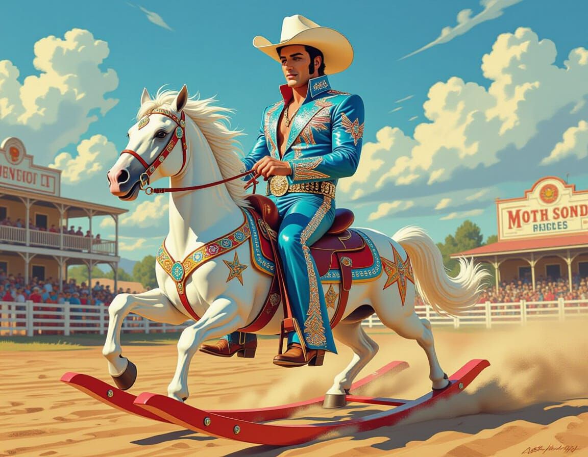 Elvis Rides Rocking Horse in Rodeo, Digital Art