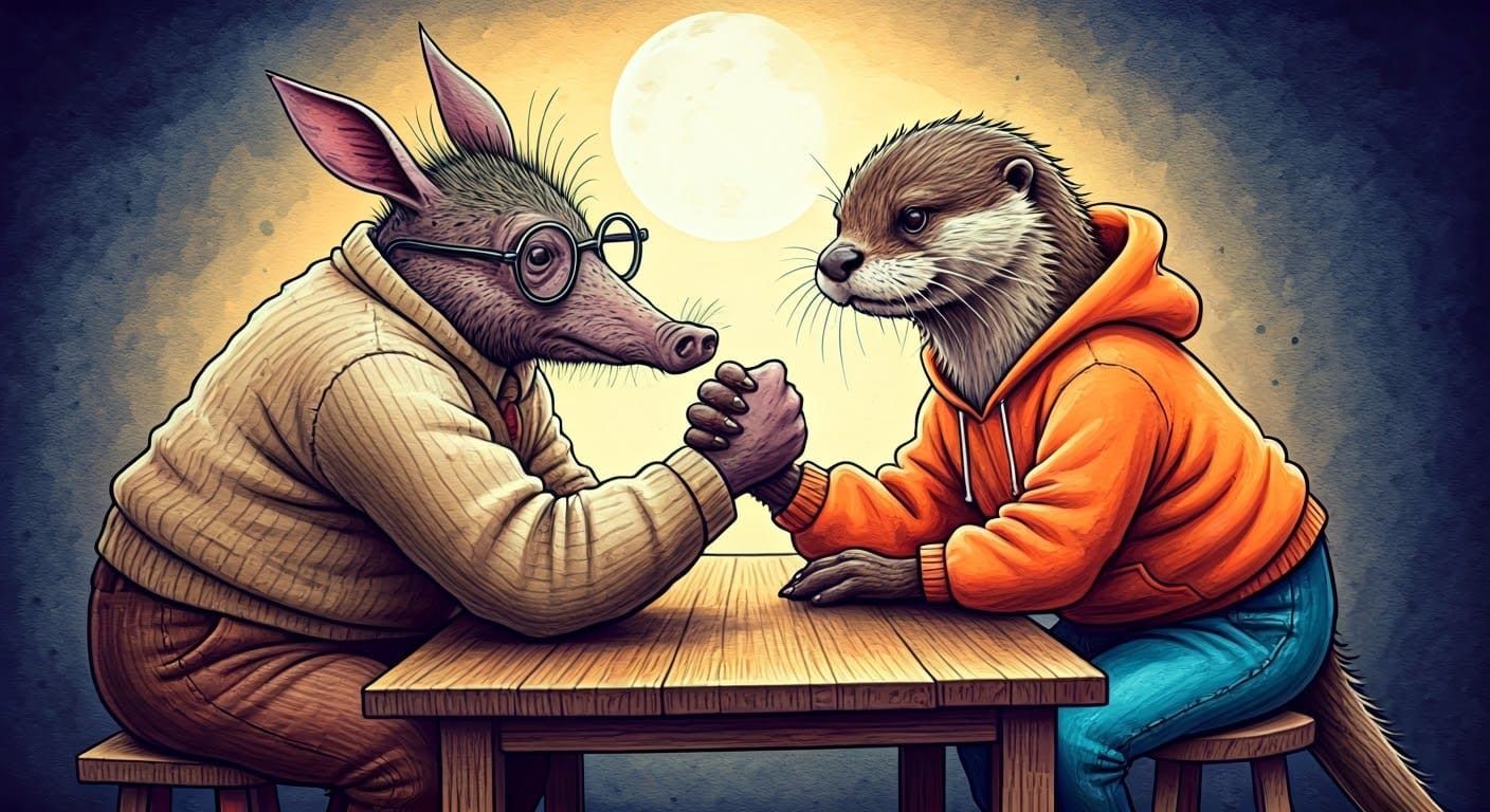 Surreal Aardvark Otter Arm Wrestling Match in Whimsical Digi...