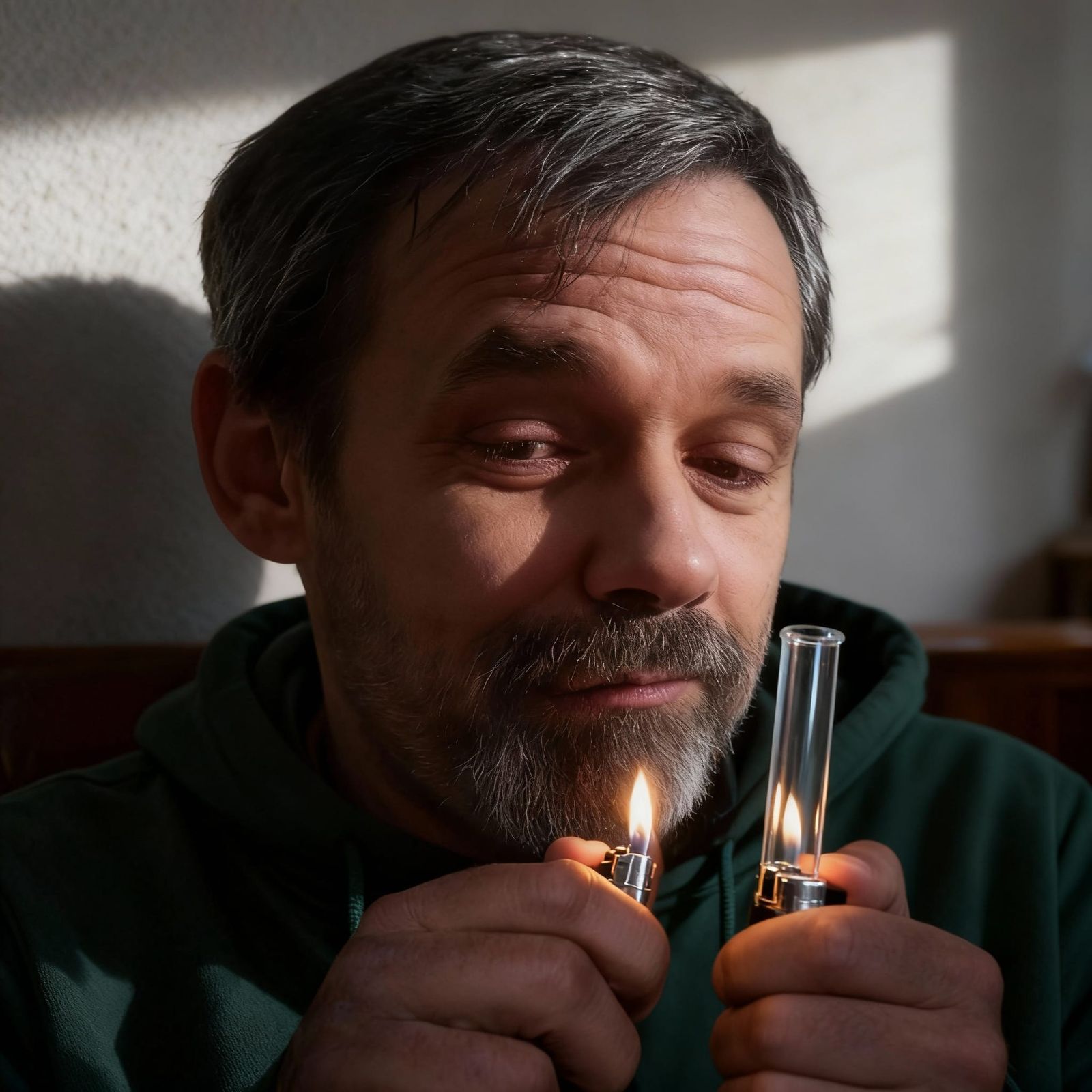 Man Lighting Pipe with Lighter Realistic Photo