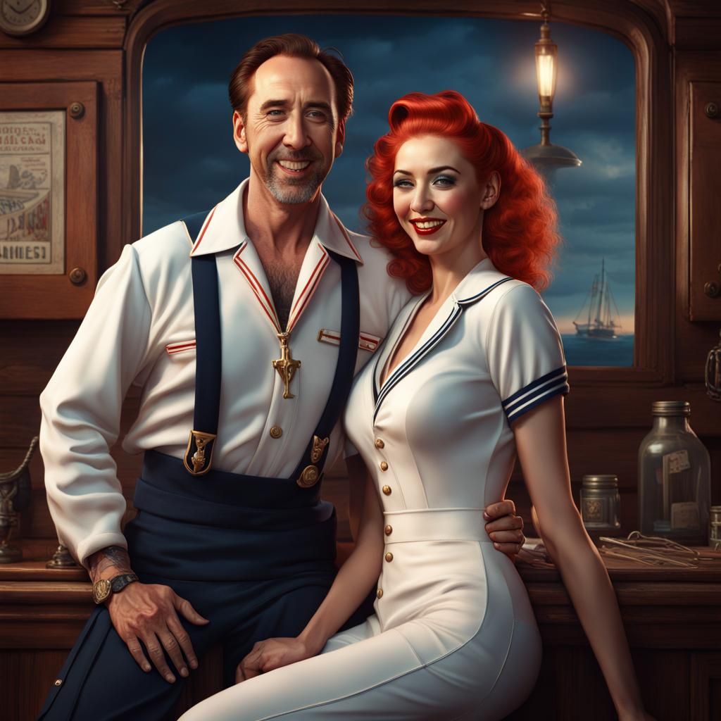 Nicolas Cage and Pinup Model in Rockwell Style