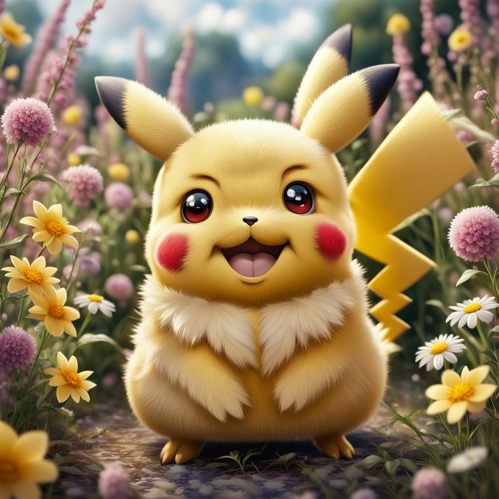Fluffy Pikachu Smiles in Hyperrealistic Flower Field
