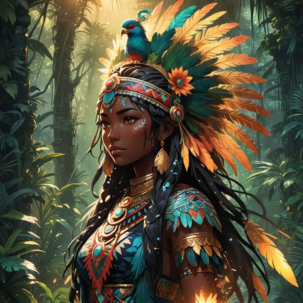 Aztec Anime Girl in Mystical Jungle: Vibrant Manga Art