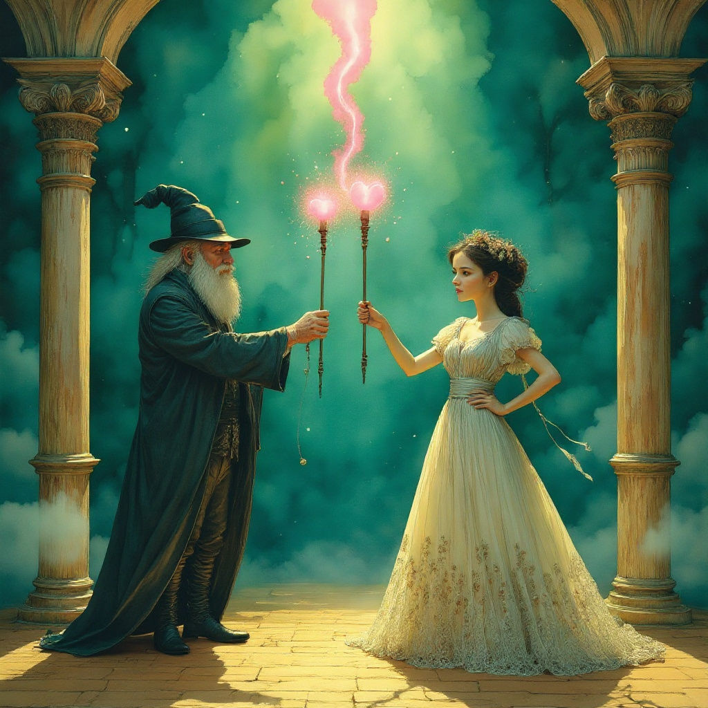 Wizard Teaches Magic to Apprentice in 1950s Poster Style