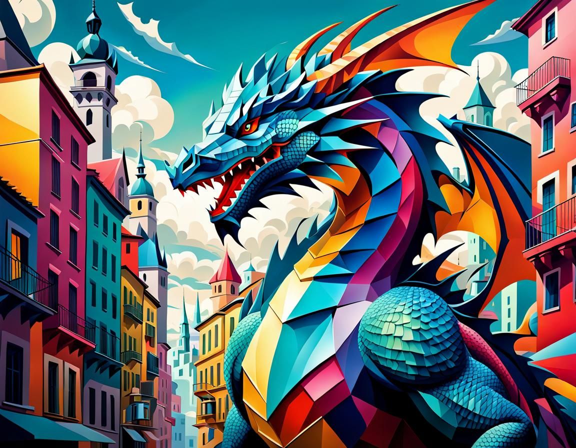 Neo-cubistic dragon in a city