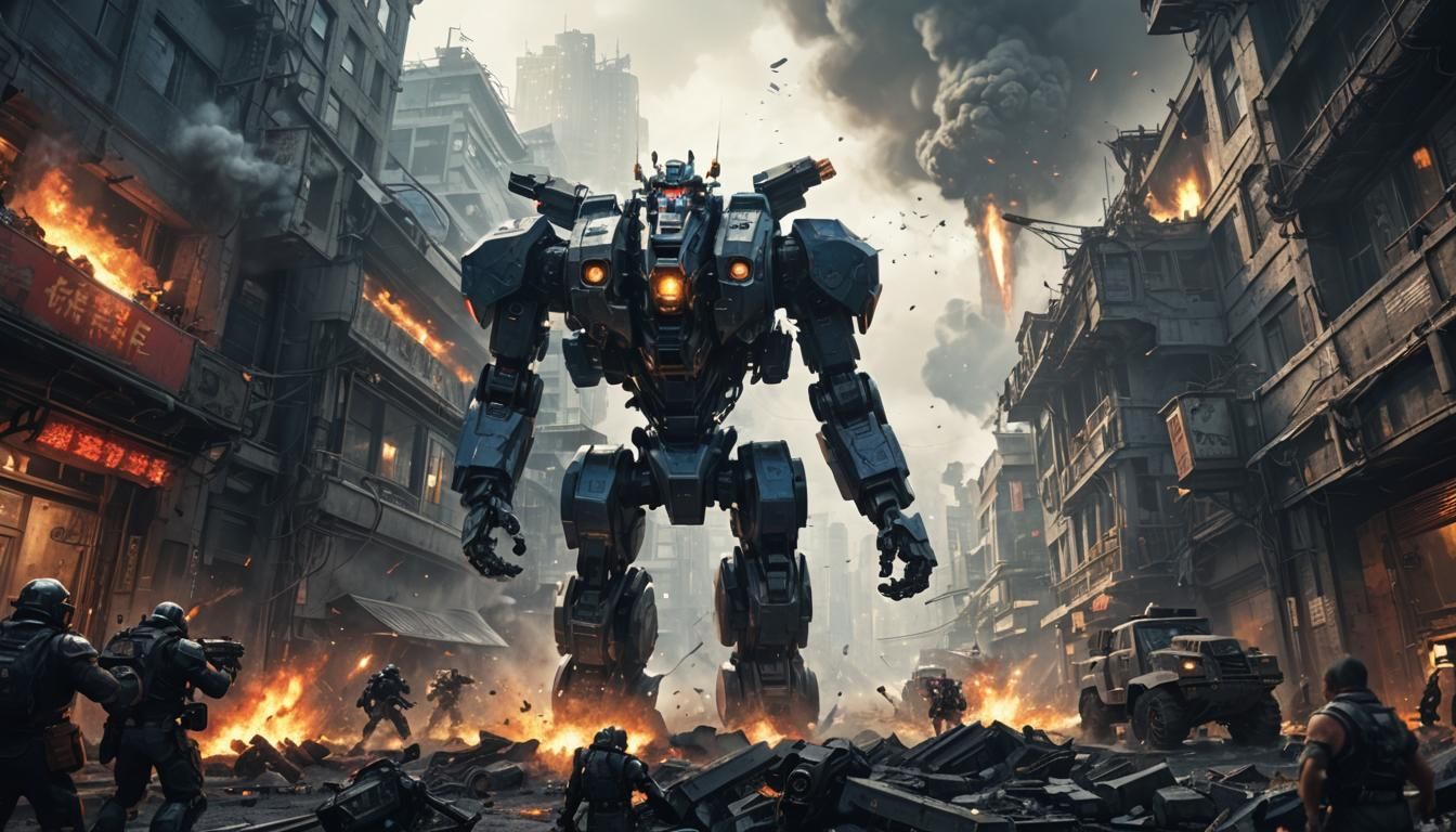 Powerful Mecha Robot in Doomed City, Digital Art