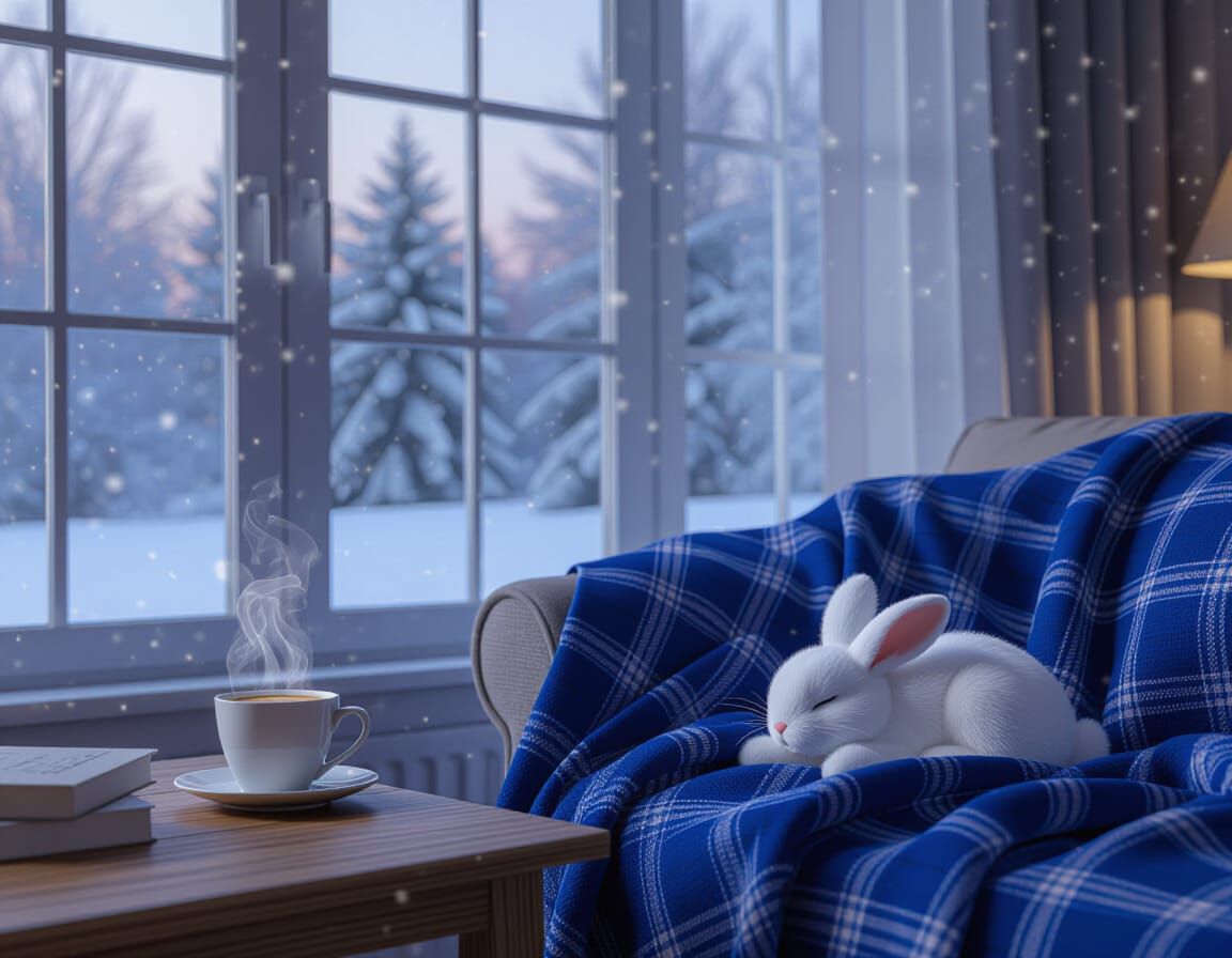 Cozy Winter Living Room with Snowfall and Coffee