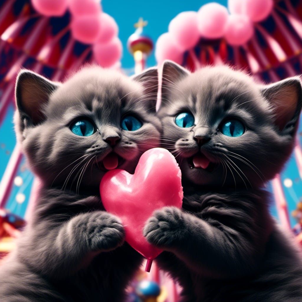 Fluffy Chibi Kittens Share Carnival Cotton Candy